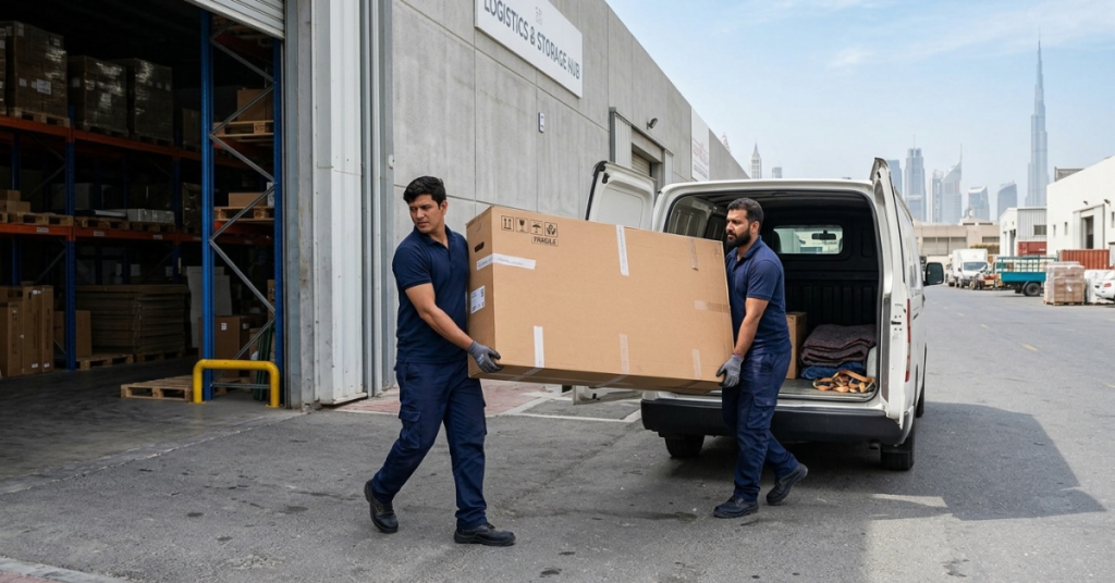IKEA pickup and delivery service in Dubai loading flat-pack boxes into a van